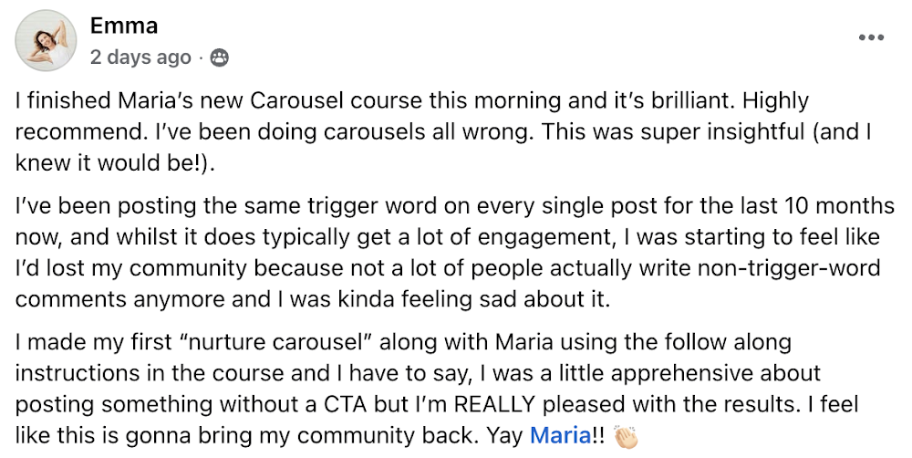 Testimonial from Emma about the carousels course