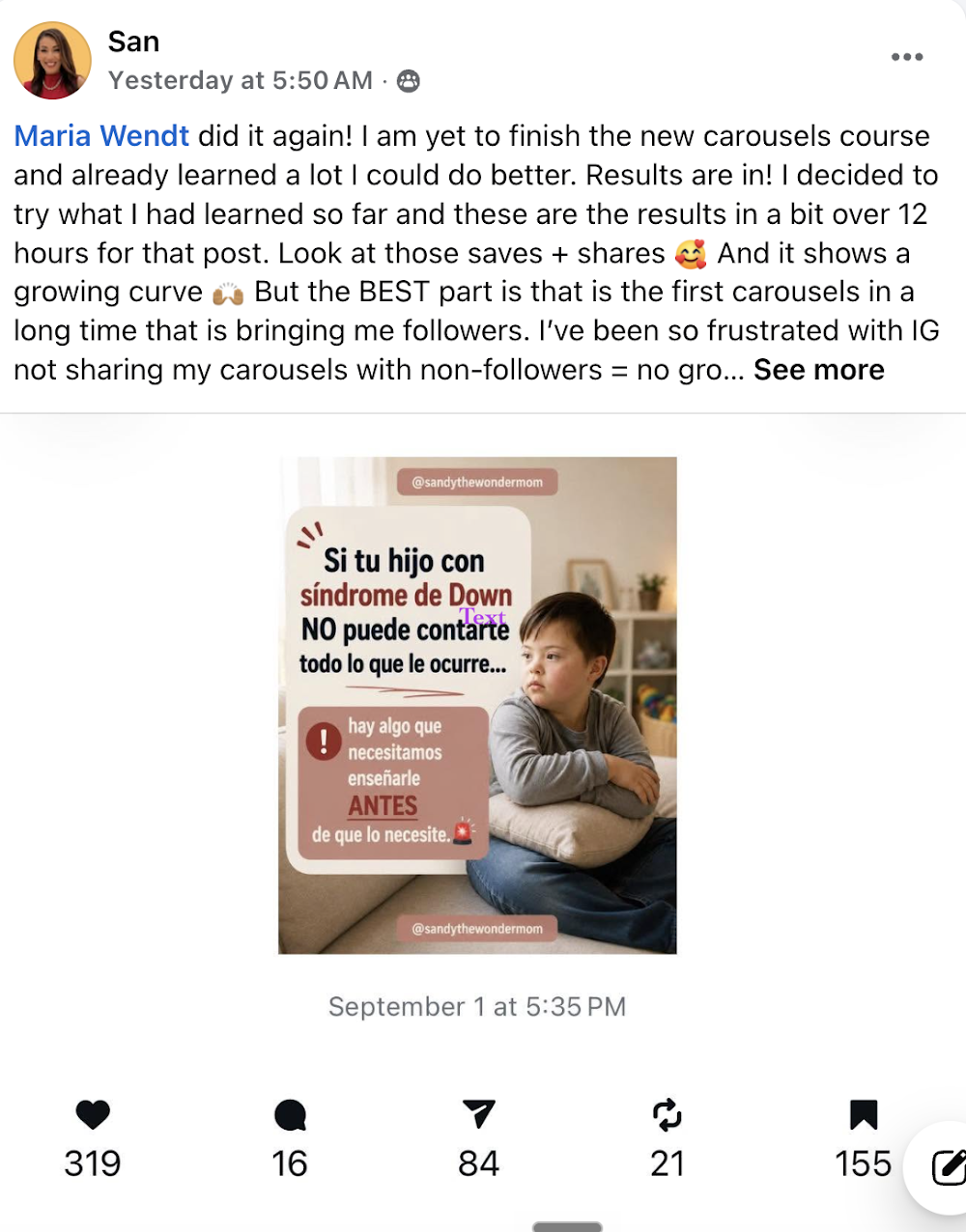 Testimonial from San about the carousels course