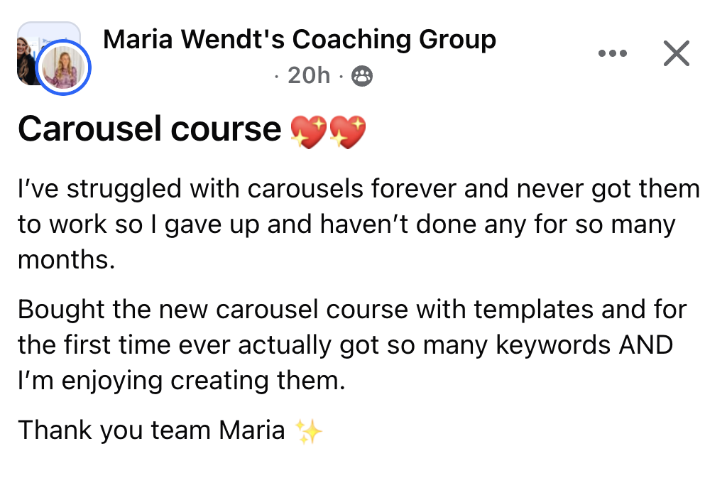 Facebook post about the carousel course working for the first time