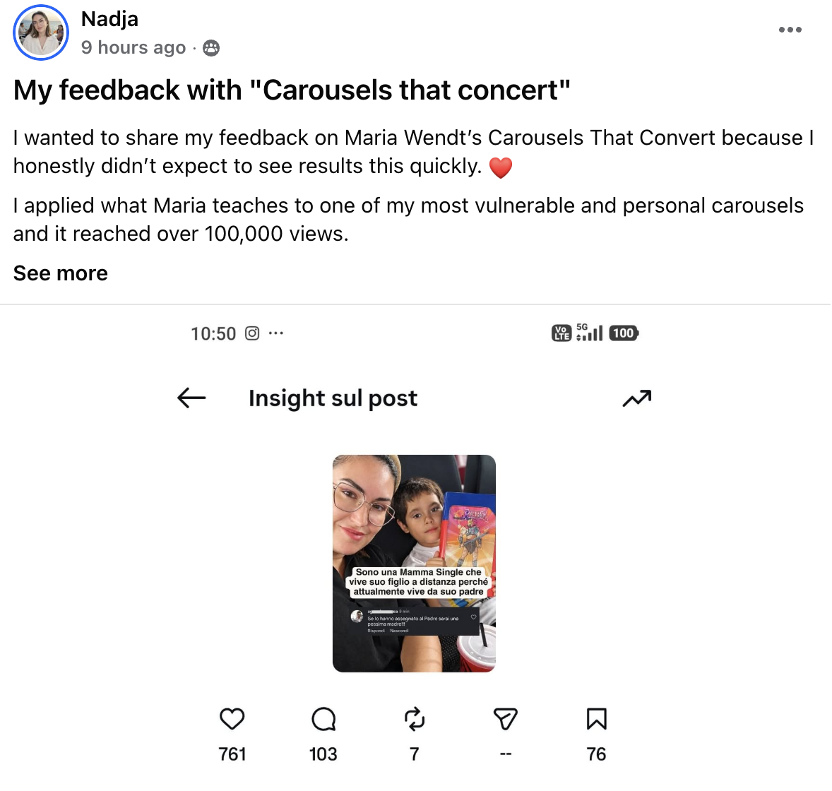 Facebook post from Nadja about a carousel reaching over 100,000 views